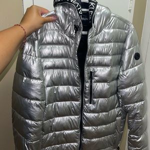CALVIN KLEIN- METALLIC HOODIE PUFFER JACKET, LIGHTLY WORN, WIND RESISTANT